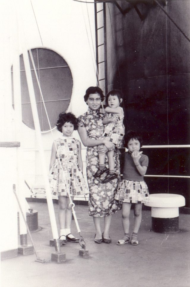 Mrs. Ruth Mulan Chu Chao and 3 daughters aboard the cargo ship that brought them to America.