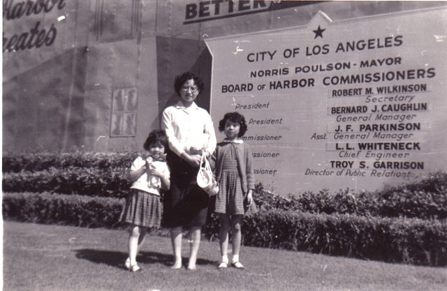 Mrs. Ruth Mulan Chu Chao and 2 daughters took their first steps on American soil when the ship made a brief stop at Los Angeles before continuing through the Panama Canal to New York City.