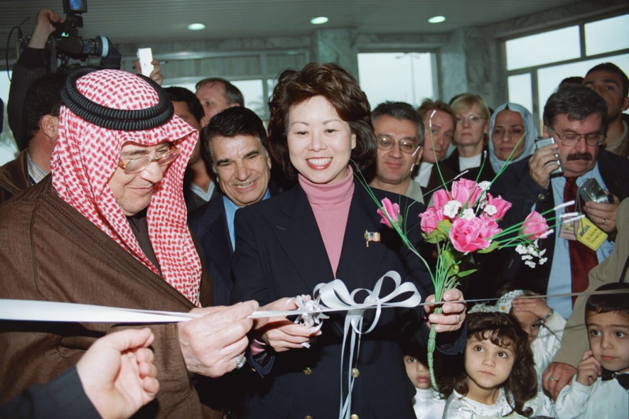 Secretary Elaine Chao, with the Iraqi Minister of Labor, inaugurating the Baghdad Employment and Training Center funded in part by U. S. Department of Labor to help reduce unemployment and bring stability to Iraq. 