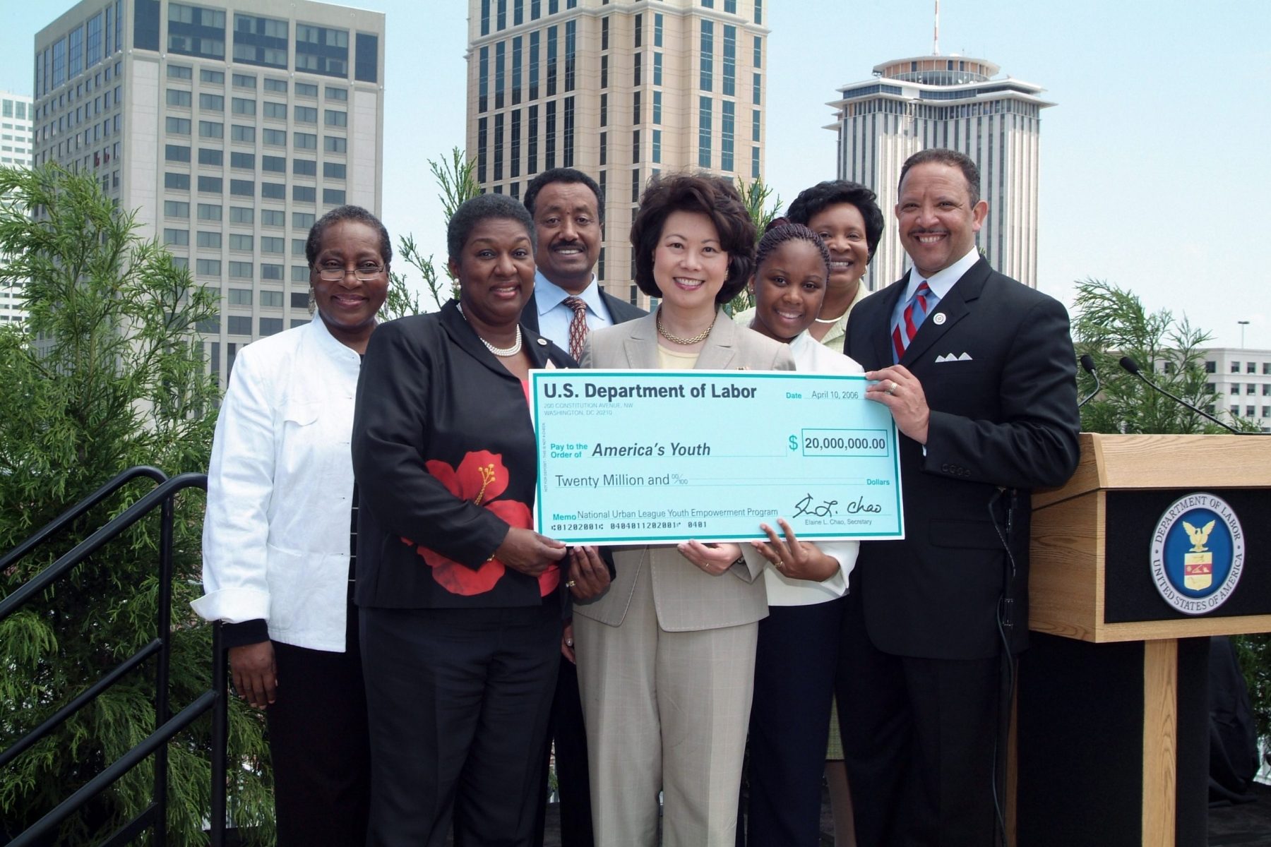 Secretary Elaine Chao presents a $20 million grant to the National Urban League in the aftermath of Hurricane Katrina. New Orleans, LA. 