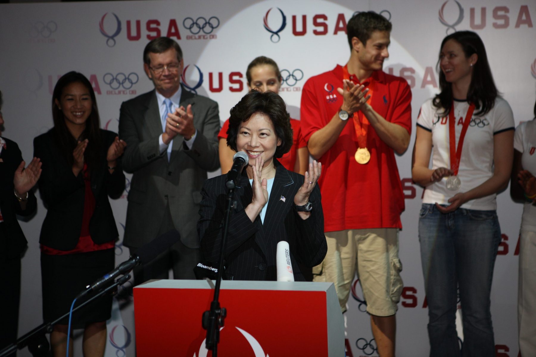 Head of the U.S. Presidential Delegation to the closing ceremony of the Beijing Olympics, Secretary of Labor Elaine Chao gives remarks at USA House.