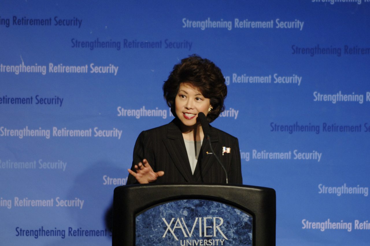 Secretary Elaine Chao speaking about retirement security at Xavier University, Cincinnati, Ohio.