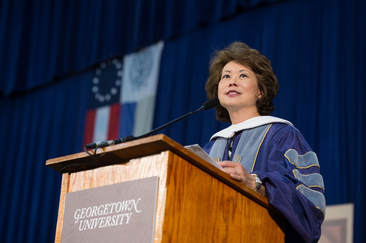 The Honorable Elaine Chao gives the Commencement speech at Georgetown University.