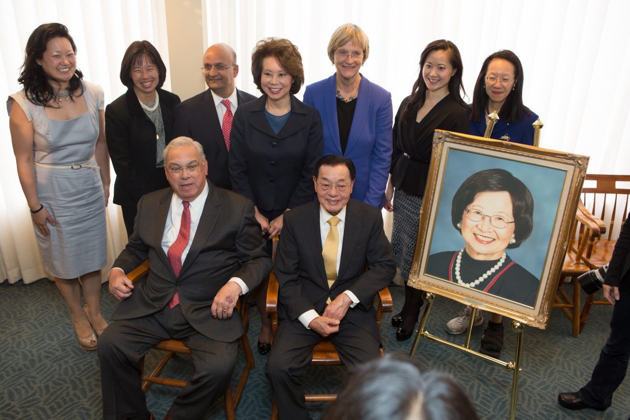Announcement of major gift to Harvard. At press conference: Dr. James S. C. Chao & daughters including Elaine, May, Christine, Grace & Angela Chao, with Boston Mayor Thomas Menino, Harvard President Drew Faust, HBS Dean Nitin Nohria in honor of Mrs. Ruth Mulan Chu Chao's life and legacy.