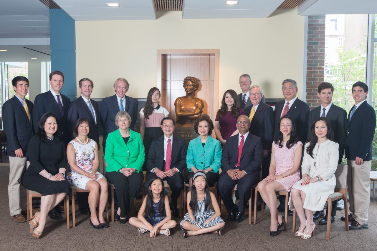 Dr. James S. C. Chao and the Honorable Elaine Chao with dignitaries & family at the Dedication of the Ruth Mulan Chu Chao Center, Harvard University besides the specially commissioned bronze sculpture of Mrs. Ruth Mulan Chu Chao.