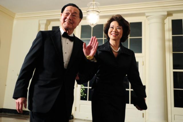 The Honorable Elaine Chao and her father, Dr. James S. C. Chao attend the White House State Dinner for the President of China Hu Jintao.