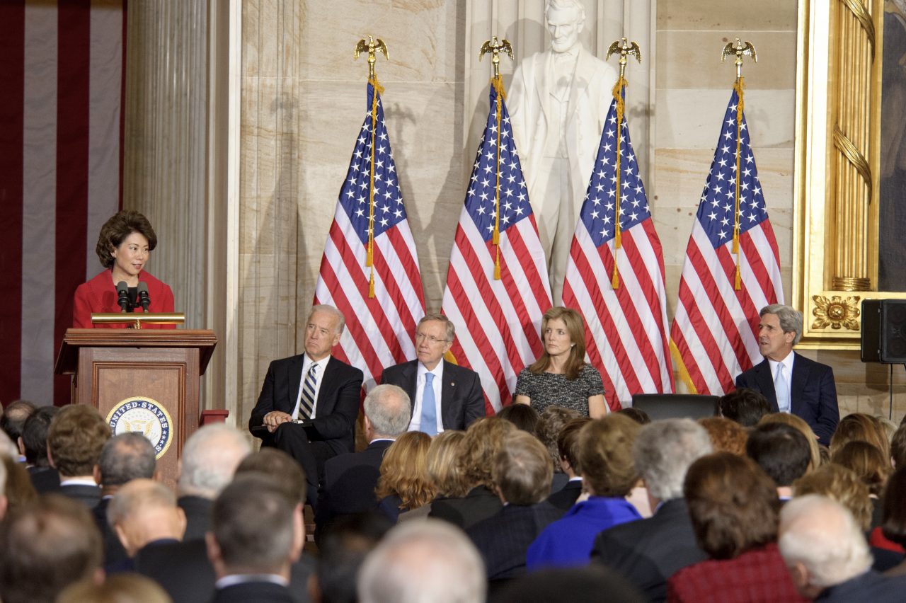 Former Peace Corps Director Elaine Chao giving keynote remarks on the 50th anniversary of the inaugural address of President John F. Kennedy, U. S. Capitol.