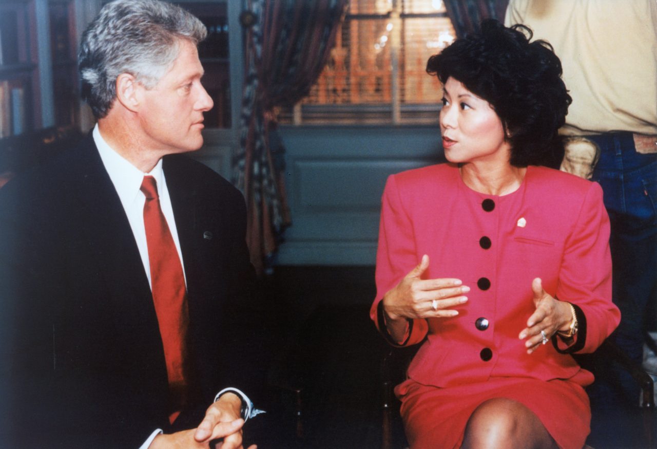 United Way of America President & CEO Elaine Chao taping a United Way commercial with President Bill Clinton at the White House.