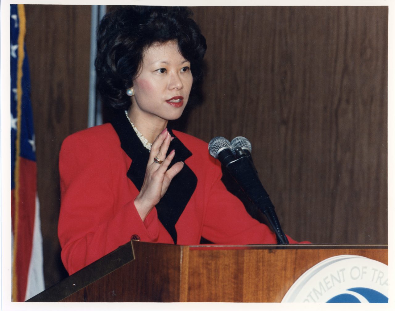 U.S. Deputy Secretary of Transportation Elaine Chao giving the budget presentation at a press conference. U.S. Department of Transportation, Washington, D.C.