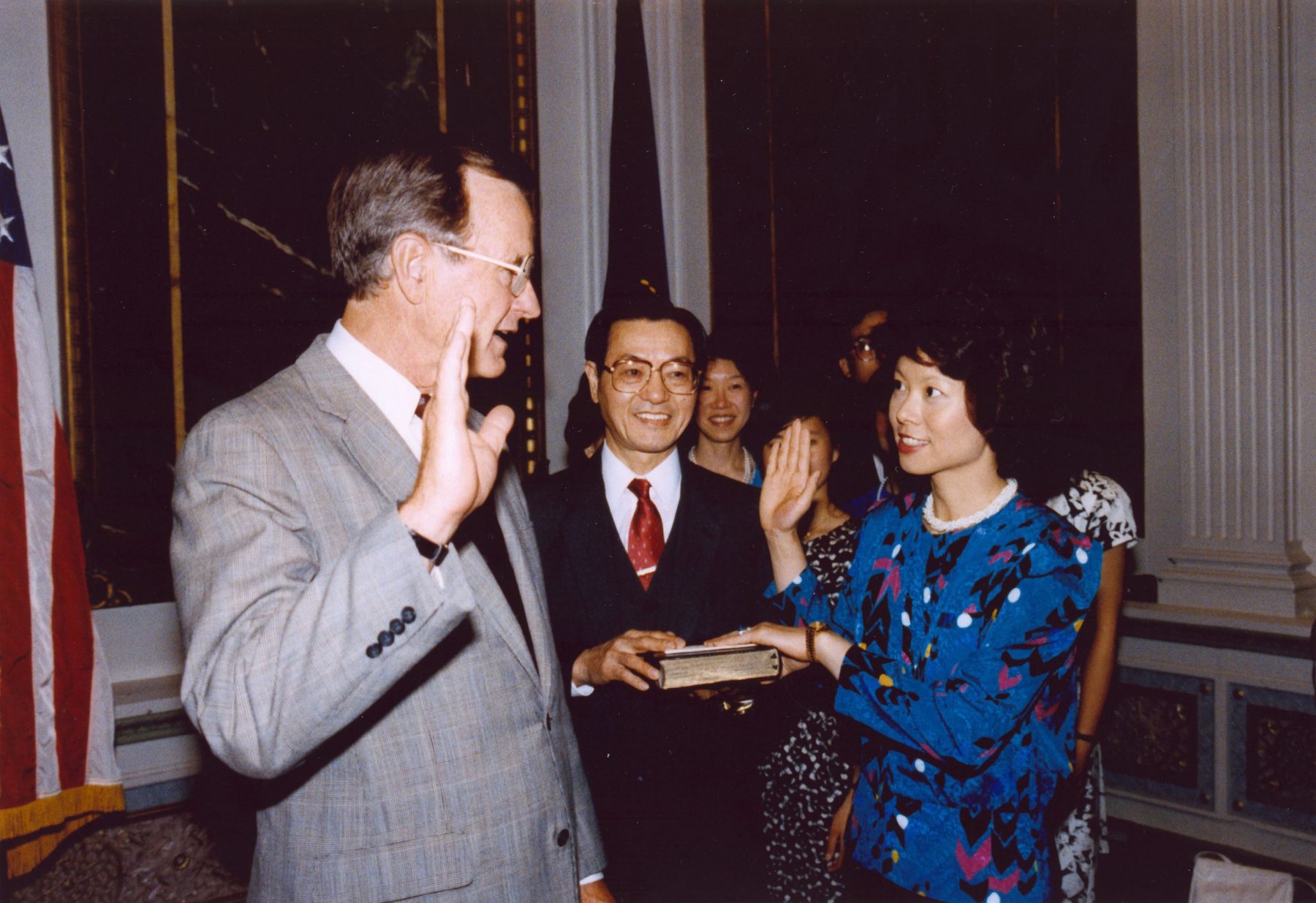Elaine Chao being sworn in as Chairman of Federal Maritime Commission by Vice President George H. W. Bush.